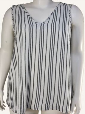 Kaffe Curve KCmille Linen Blend Stripe Tank Top 2X NWT Black Ivory V-Neck